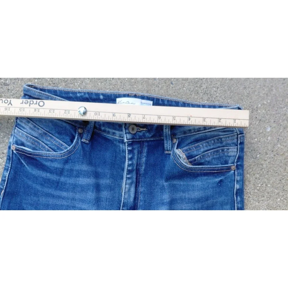 KanCan Bell Bottom Jeans Womens 30 Blue Denim Back Seam Split Hem Frayed